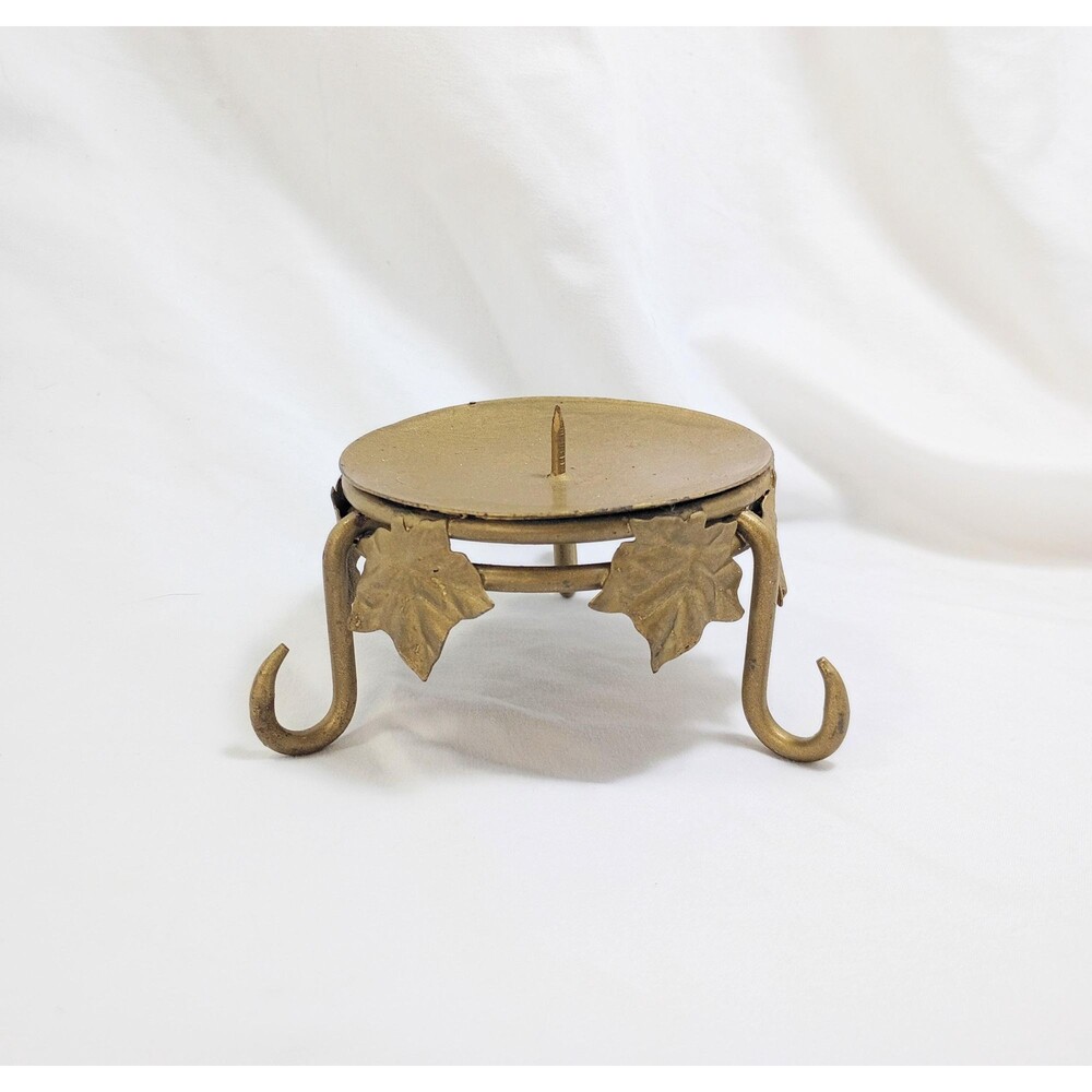 Gold Colored Metal Footed Candle Holder with Grape Leaves